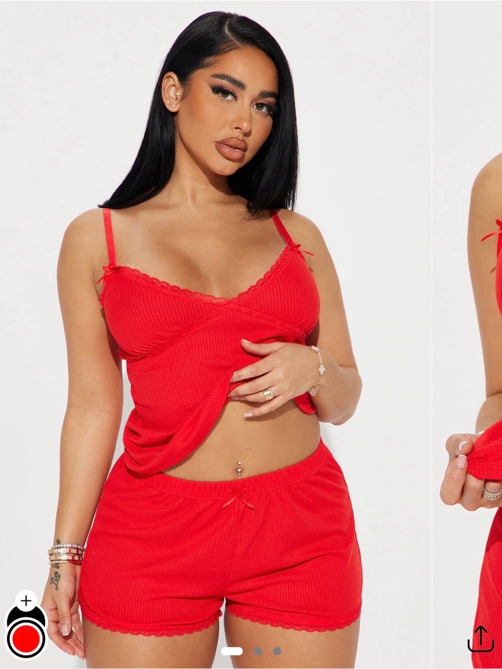 Fashion Nova Red Ribbed Lace Trim Cami & Shorts Pajama Set